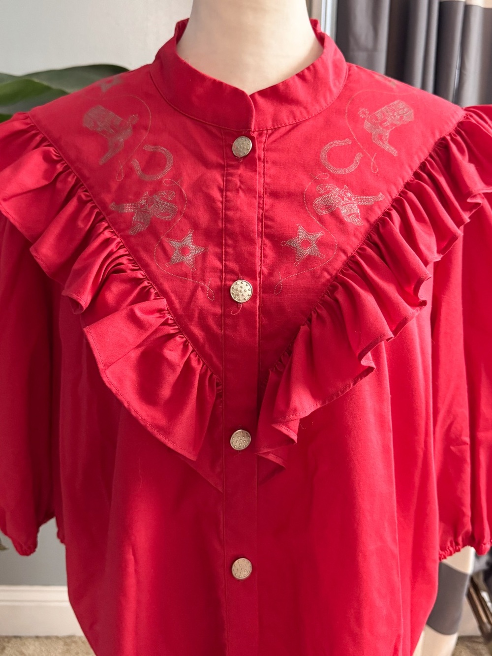 Red Ruffled V-Neck Button Front Women's Top - Picture 3 of 9